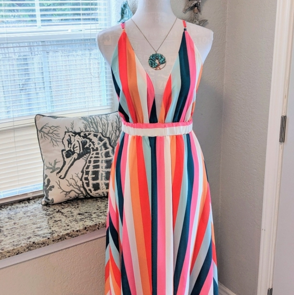 New Gorgeous Rainbow Striped V Plunge Maxi Dress - Picture 13 of 15